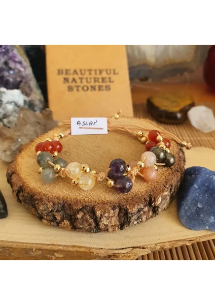 NBS Beautiful Naturel Stones Aslan Burcu Doğal Taş Bileklik ( Pirit, Sitrin, Labradorit , Akik ,ametist , Güneş ) 6 mm El Örmesi