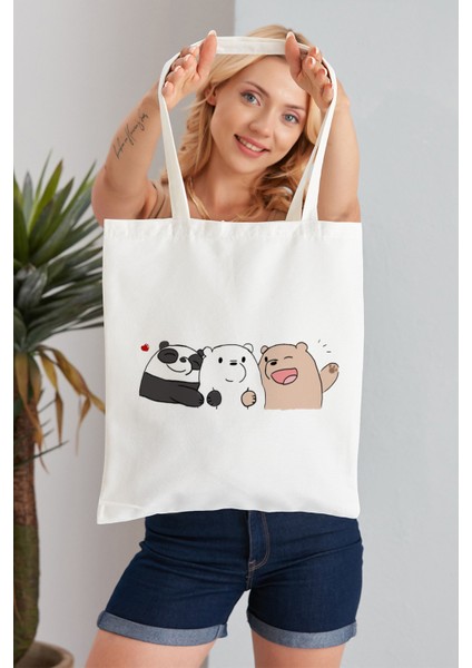 We Bare Bears Model Baskılı Günlük Kullanım Özel Baskı Bez Omuz Çantası Hediyelik Tote Bag