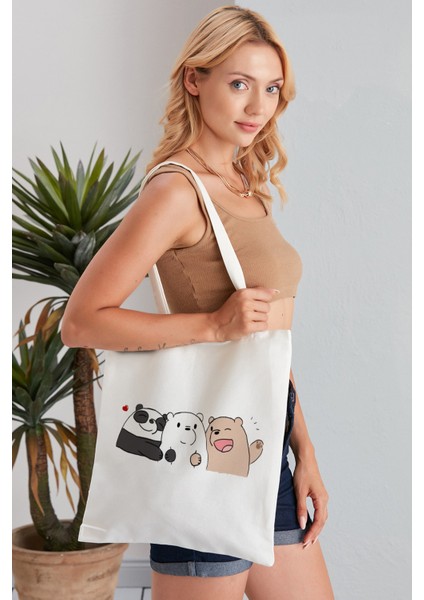 We Bare Bears Model Baskılı Günlük Kullanım Özel Baskı Bez Omuz Çantası Hediyelik Tote Bag