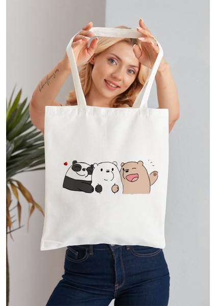We Bare Bears Model Baskılı Günlük Kullanım Özel Baskı Bez Omuz Çantası Hediyelik Tote Bag