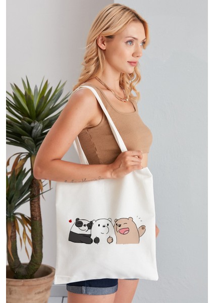 We Bare Bears Model Baskılı Günlük Kullanım Özel Baskı Bez Omuz Çantası Hediyelik Tote Bag