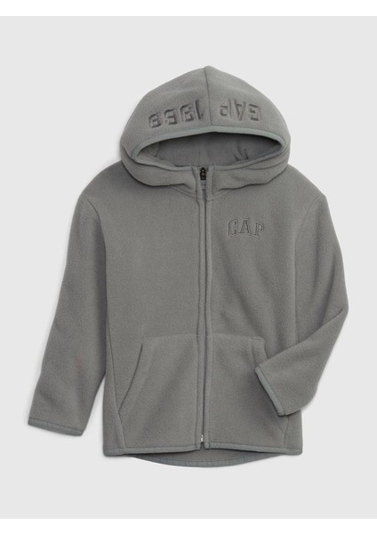 Unisex Çocuk Gri Logolu Fleece Fermuarlı Sweatshirt