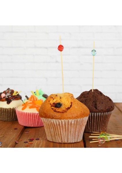 Bambu Kürdan Top Renkli 20 Adet 12 cm Muffin Cupcake Pasta Süsü Koktely Çubuğu Kürdanı Sunum Kürdan