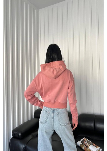 Polarlı Kapüşonlu Fermuarlı Crop Hırka