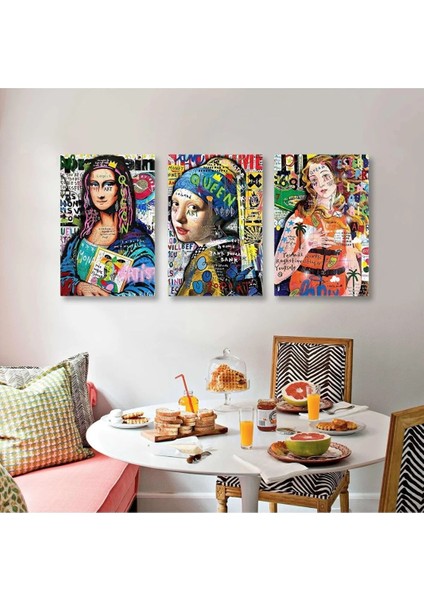 Mona Lisa Inci Küpeli Kız ve Venüsün Doğuşu Grafiti Sokak Sanatı 3 Lü Set Kanvas Tablo AR030186