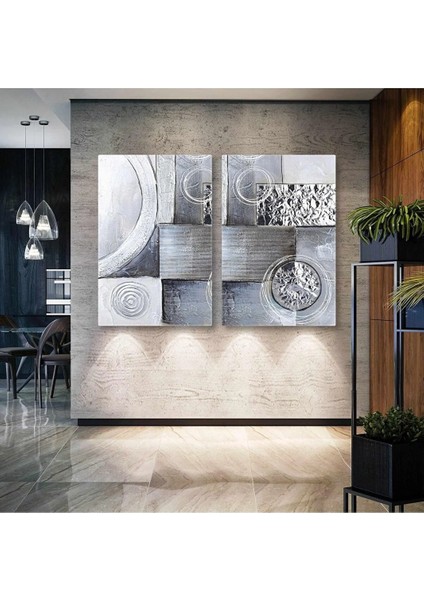 Gümüş Detaylı Geometrik Dekoratif Ikili Kombin 2 Li Set Kanvas Tablo AR030203