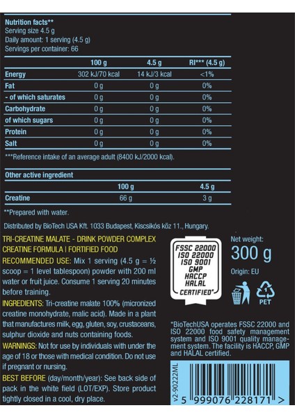 Usa Tri Creatine Malate 300 gr