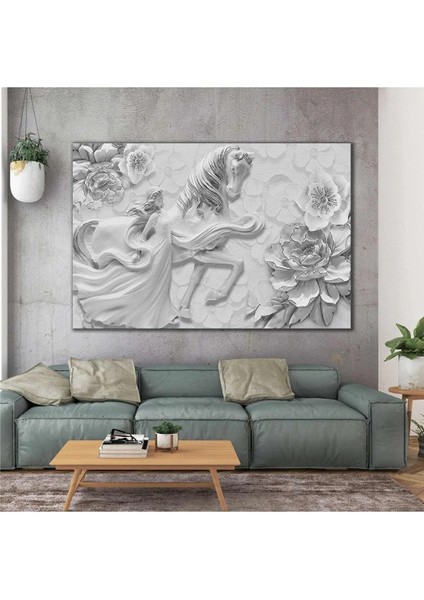 3D Efektli Elbiseli Kadın Beyaz At Kabartma Gül Kanvas Tablo AR030165