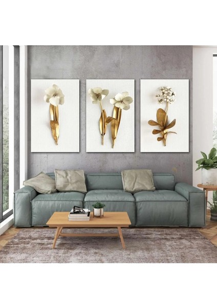Altın Dallı Beyaz Çiçekler Modern Dekor Üçlü Kombin 3 Lü Set Kanvas Tablo AR030185