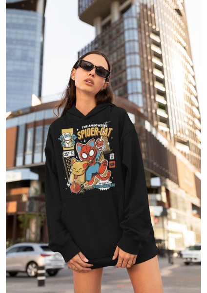 Fuddy Moda Spider Cat Baskılı Kapüşonlu Sweatshirt, Unisex Oversize Spider Evreni Baskılı Hoodie