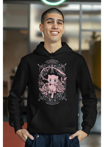 Mew Pokemon Baskılı Kapüşonlu Sweatshirt, Unisex Oversize Pokemon Baskılı Hoodie