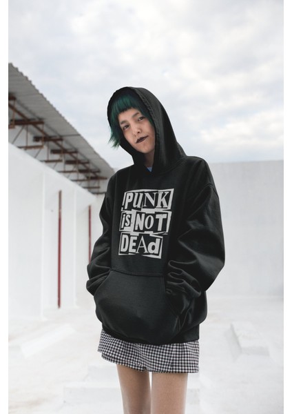 Punk Is Not Dead Yazılı Kapüşonlu Sweatshirt, Unisex Oversize Rock Metal Baskılı Hoodie