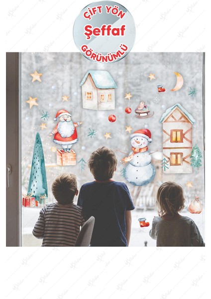 Yılbaşı Sticker Seti - Eğlenceli Kış Figürleri Cam Duvar Sticker Seti - Şeffaf