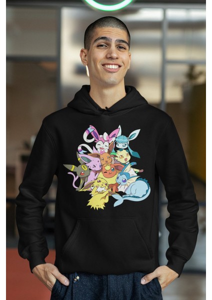 Fuddy Moda Eevee Pokemon Baskılı Kapüşonlu Sweatshirt, Unisex Oversize Pokemon Baskılı Hoodie