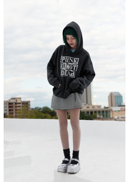 Punk Is Not Dead Yazılı Kapüşonlu Sweatshirt, Unisex Oversize Rock Metal Baskılı Hoodie