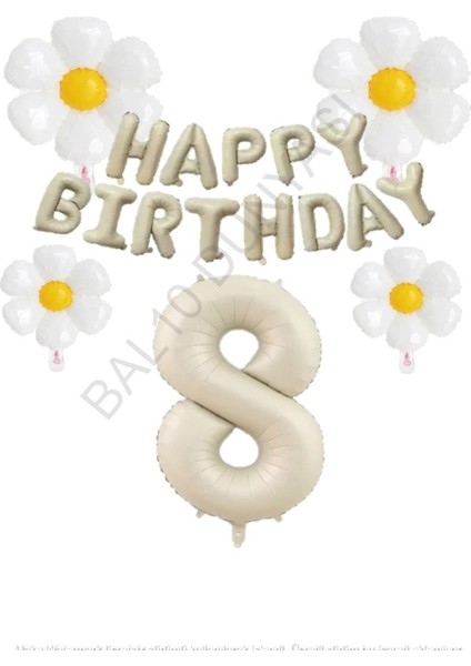 Bej Rengi Happy Bırthday Set Rakam ve Papatya Folyo Balon Seti Yaş 8