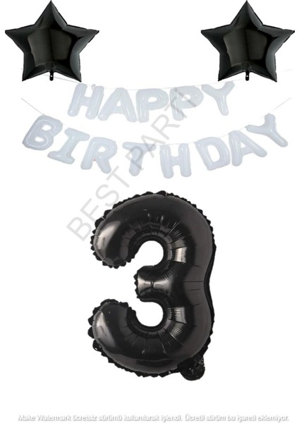 Beyaz Happy Bırthday Set Siyah Yıldız ve Rakam Folyo Balon Seti Yaş 3