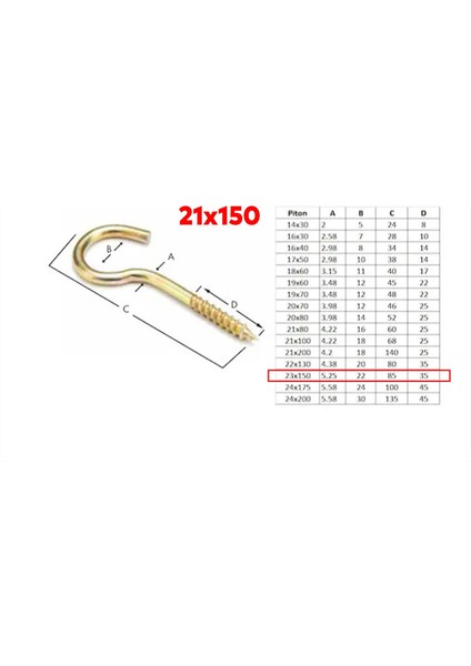 Metal Piton Vidalı Gerdirme 21X150 Çekme Kaldırma Tavan Açık Ağız Kancalı Avize Asma Kiti 5 Adet