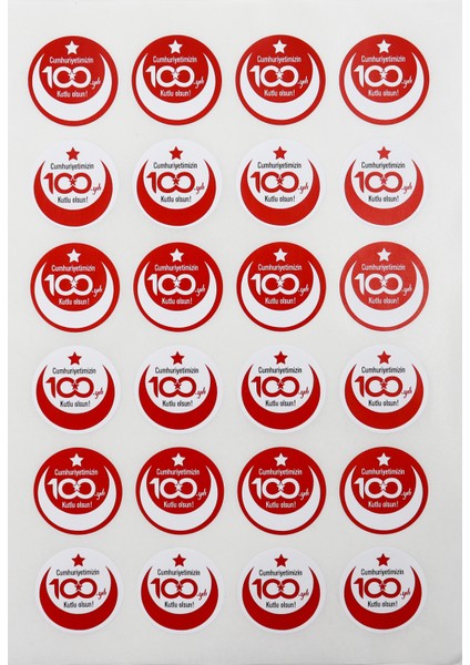 100. Yıl 29 Ekim Cumhuriyet Bayramı Yapışkanlı Etiket 4 cm Yuvarlak 24 Adet ( Beyaz - Kırmızı) fiyatları