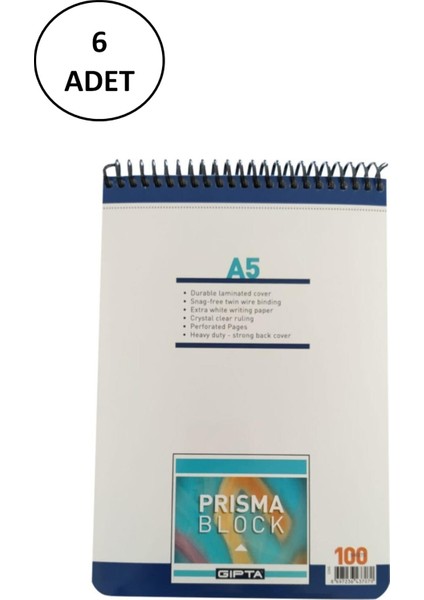 Gıpta Prisma Bloknot A 5 Spiralli Karton Kapak 100 Yaprak Düz 6 Adet