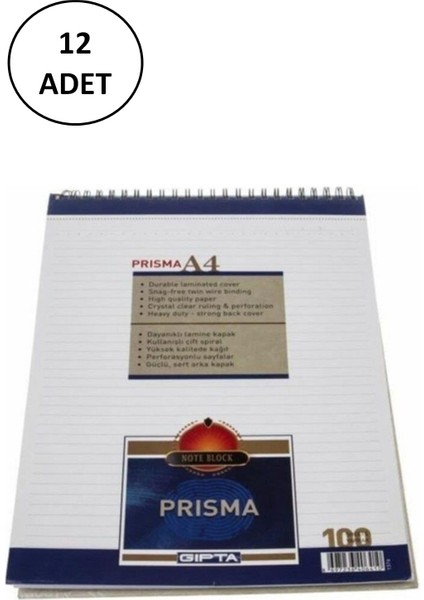 Gıpta Prisma Bloknot A 4 Spiralli Karton Kapak 100 Yaprak Çizgili 12 Adet