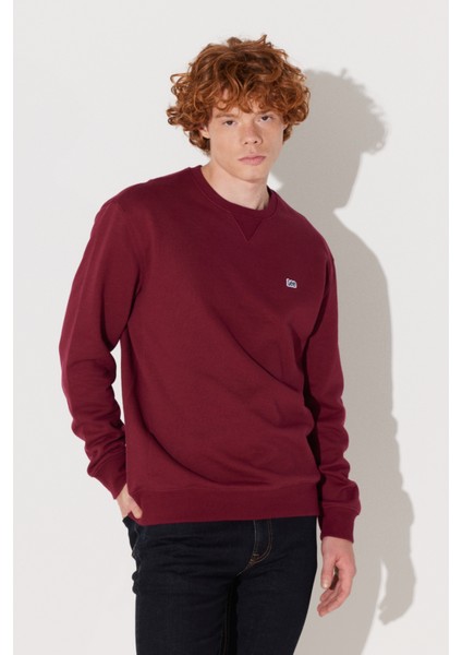 Regular Fit Normal Kesim %100 Pamuk Bisiklet Yaka İçi Polarlı Bordo Sweatshirt