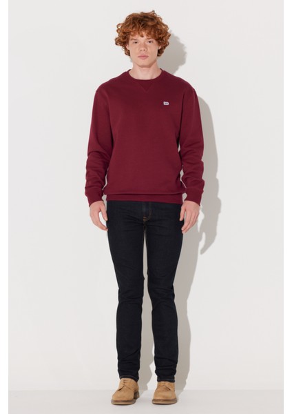 Regular Fit Normal Kesim %100 Pamuk Bisiklet Yaka İçi Polarlı Bordo Sweatshirt