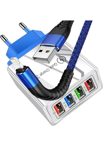 A6 Çoklu Şarj Adaptörü 4 Port + J13 Lightning Şarj Kablosu -1mt