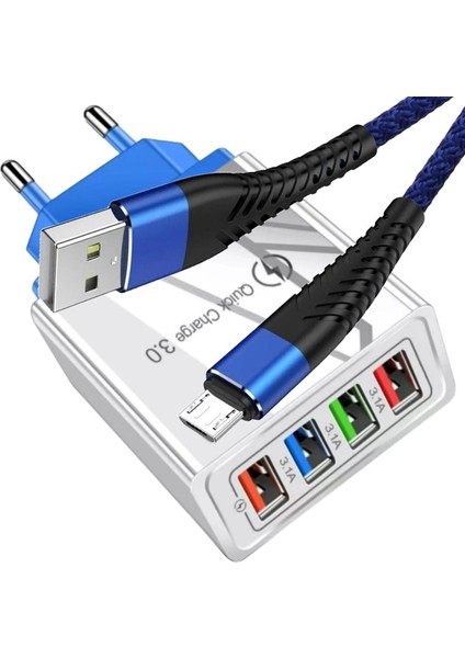 A6 Çoklu Şarj Adaptörü 4 Port + J13 Micro USB Şarj Kablosu -1mt