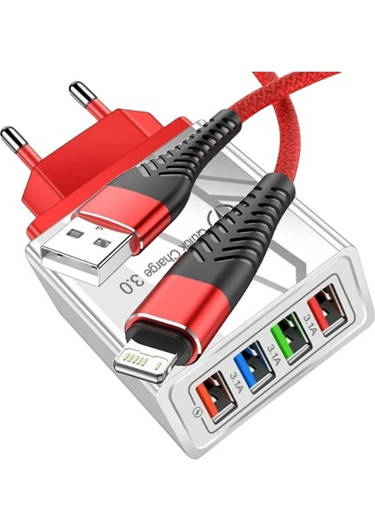 A6 Çoklu Şarj Adaptörü 4 Port + J13 Lightning Şarj Kablosu -1mt