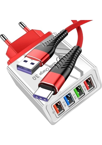 A6 Çoklu Şarj Adaptörü 4 Port + J13 Type-C Şarj Kablosu -1mt