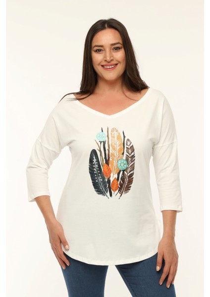 Büyük Beden Geniş V Yaka Yarım Kol Oval Yırtmaç Bluz