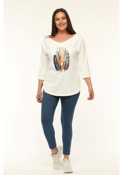 Büyük Beden Geniş V Yaka Yarım Kol Oval Yırtmaç Bluz fiyatları