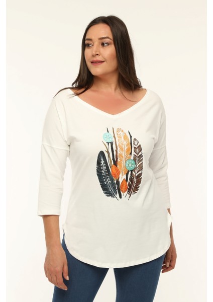 Büyük Beden Geniş V Yaka Yarım Kol Oval Yırtmaç Bluz modelleri