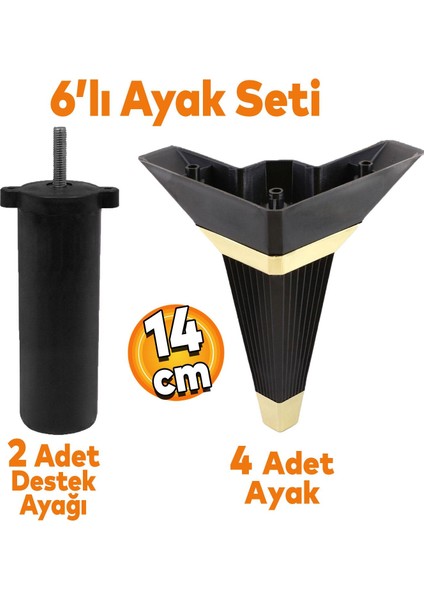 Alcazar Köşe 6'lı Set Mobilya Tv Ünitesi Çekyat Koltuk Kanepe Destek Ayağı 14 cm Siyah M8 Civatalı