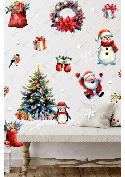 Eğlenceli Kardan Adam Penguen ve Yeniyıl Ağacı Kış Konseptli Yılbaşı Süsü Sticker Seti