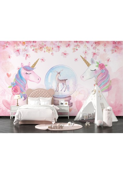 Lotus Aura Unicorn Desenli Çocuk Odası Duvar Kağıdı, Pembe Çiçekli Bebek Odası Duvar Resmi