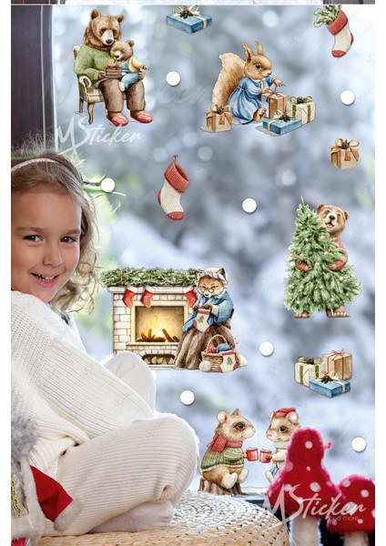 Sevimli Ayı Ailesi ve Arkadaşları Kış Konseptli Sticker Seti, Yılbaşı Süsü Yılbaşı Sticker Seti