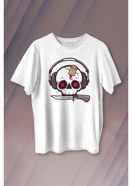 Müzik Dinleyen Kuru Kafa Kulaklık Bıçak Yara Bandı Skull Baskılı Tişört Unisex T-Shirt