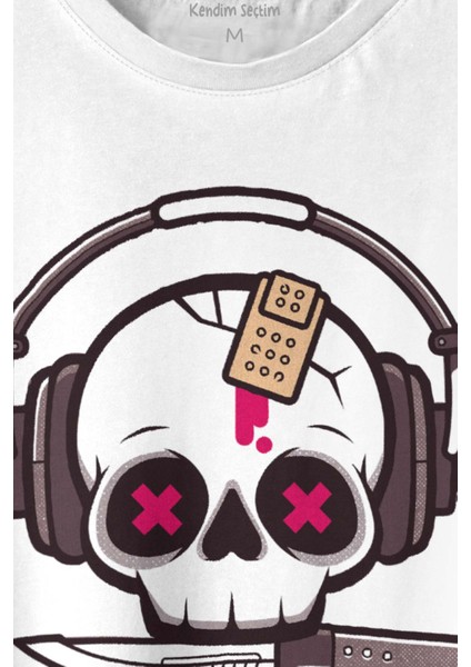 Müzik Dinleyen Kuru Kafa Kulaklık Bıçak Yara Bandı Skull Baskılı Tişört Unisex T-Shirt fiyatları