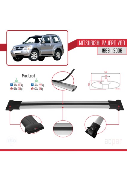 Mitsubishi Pajero (V60) 3 Kapı 1999-2006 Arası ile Uyumlu Fly Model Ara Atkı Tavan Barı Gri