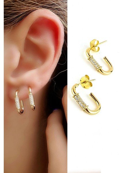 Zirkon Taş Detaylı 925AYAR Gümüş Üzerine Altın Kaplama Tasarım Oval Küpe