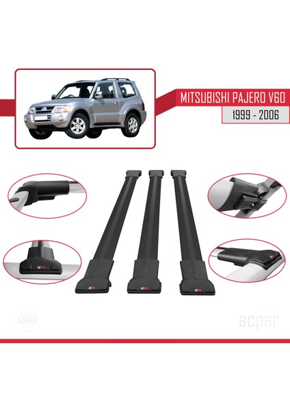 Mitsubishi Pajero (V60) 3 Kapı 1999-2006 Arası ile Uyumlu Fly Model Ara Atkı Tavan Barı Siyah 3 Adet indirimleri