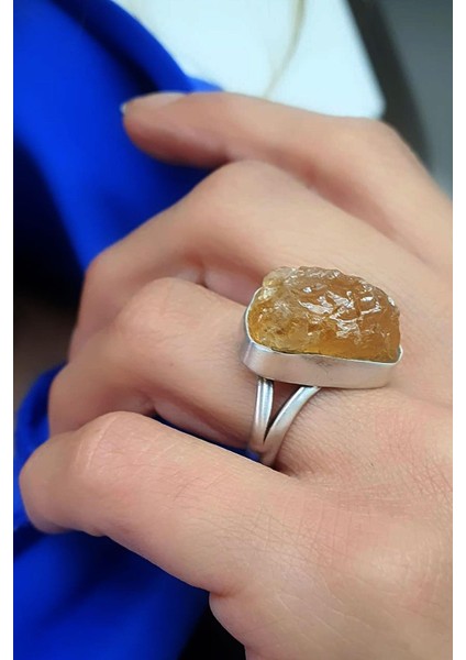 Işlenmemiş Sitrin Taşlı 925AYAR Gümüş Tasarım Yüzük