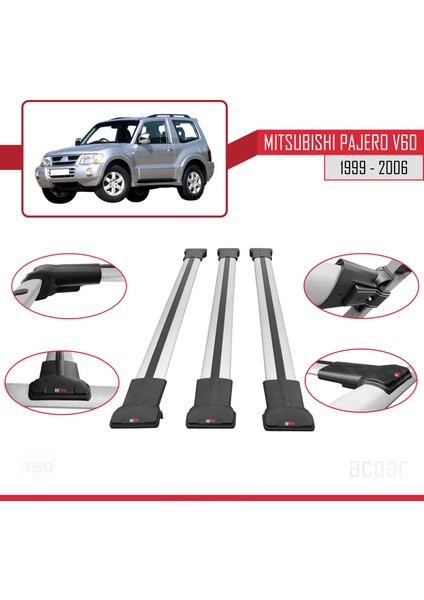 Mitsubishi Pajero (V60) 3 Kapı 1999-2006 Arası ile Uyumlu Fly Model Ara Atkı Tavan Barı Gri 3 Adet indirimleri