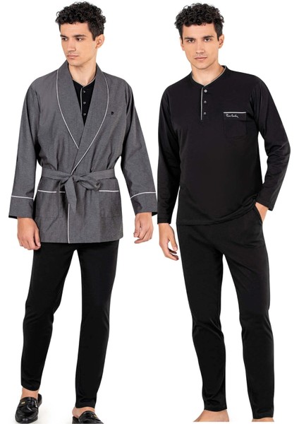 %100 Pamuk Penye Uzun Kol Pijama Takım ve Ropdöşambır Çeyizlik Damat Seti
