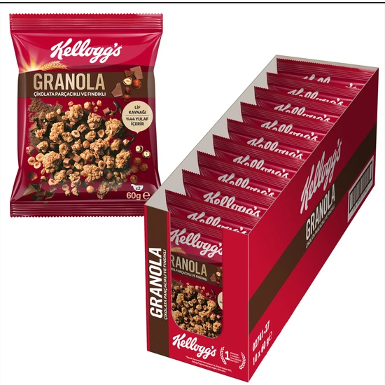 Kellogg's Granola Çikolata Parçacıklı ve Fındıklı 60 Gr x 10 Adet, 44% Yulaf İçerir