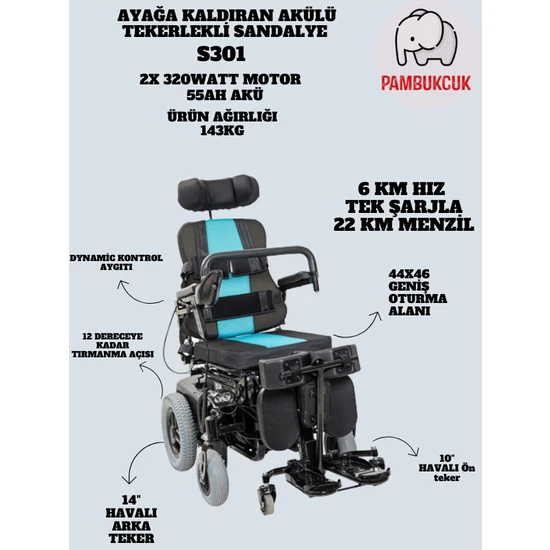 Pambukcuk Multi Fonksiyonel Ayağa Kaldıran Akülü Tekerlekli Sandalye S301