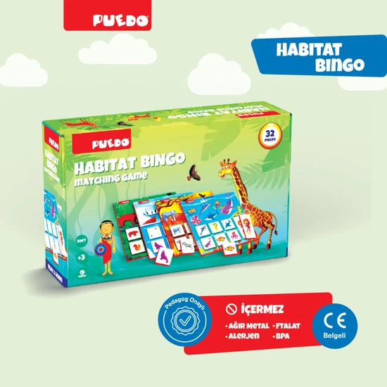 Puedo Habitat Bingo / Eğitici ve Eğlenceli Oyuncak / Hayvanları Öğreten Eşleştirme Oyunu / 32 Parça