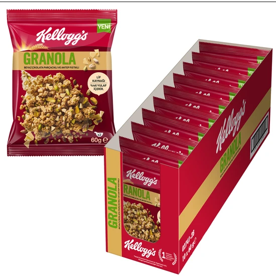 Kellogg's Granola  Beyaz Çikolata Parçacıklı ve Antep Fıstıklı 60Gr (10'lu), 46% Yulaf İçerir